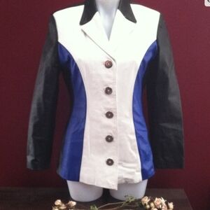 Color Block Leather Jacket - Black, Blue, White